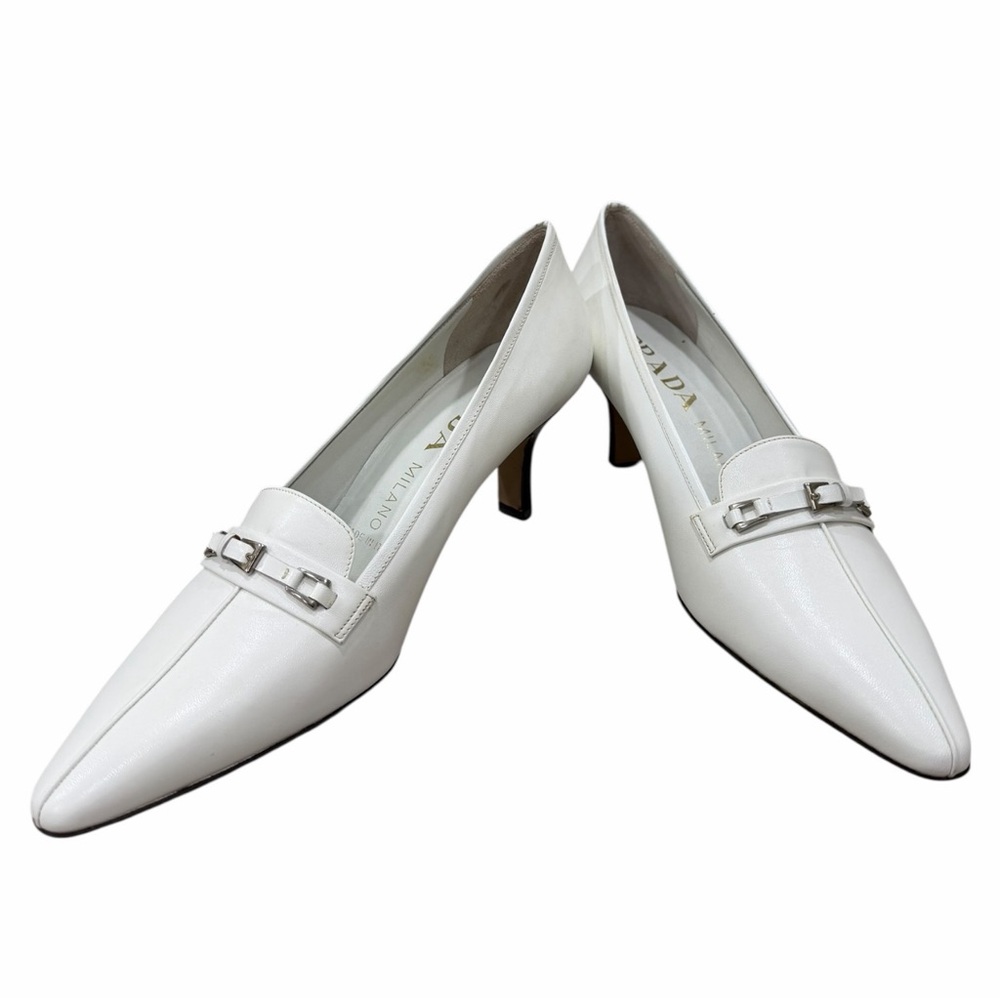 Prada Milano White Leather Kitten Heel Pumps Pointed Toe Size 38 - Picture 2 of 9